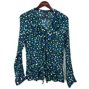 New Directions Blouse Womens L Black Polka Dot Tie Neck Pleated Crinkle 1144E4